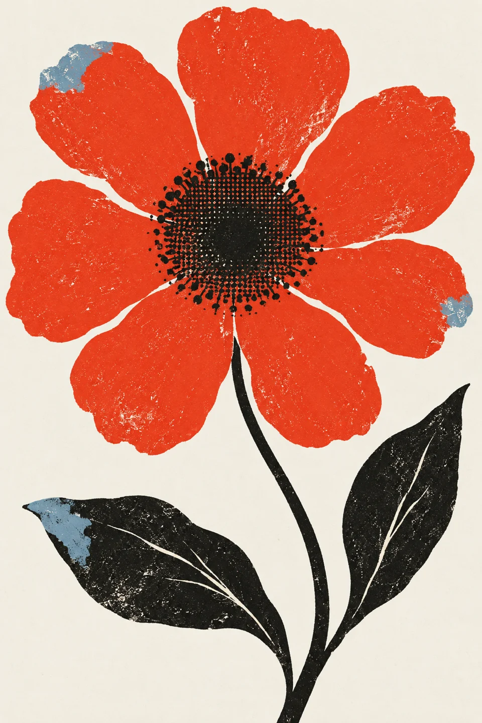 A vermilion screen-printed flower with a halftone centre, black leaves and small blue ink accents.